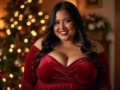 Curvy Holiday Glam: The Best Plus Size Christmas Dresses for Women This Season Plus size woman wearing a festive christmas dress in warm lighting