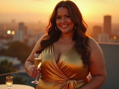 Stop Scrolling: These Plus Size Birthday Dresses Are Pure Magic Plus size woman in a birthday velvet dress standing by a window with city lights at night, classy and confident pose.