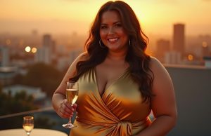 Stop Scrolling: These Plus Size Birthday Dresses Are Pure Magic Plus size woman in a birthday velvet dress standing by a window with city lights at night, classy and confident pose.
