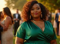 Wedding Guest Outfits for Curvy Women That Steal the Spotlight Plus size woman in elegant emerald wrap dress smiling at an outdoor wedding.