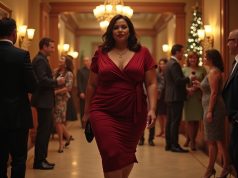 Curvy & Celebrated: Finding the Perfect Work Christmas Party Dress Plus Size Plus size woman wearing a jewel-tone midi dress at office holiday party.