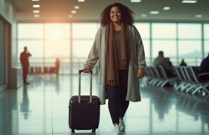 From Airport to Adventure: Real Curvy Girl Travel Hacks You’ll Love Curvy woman smiling with suitcase at airport