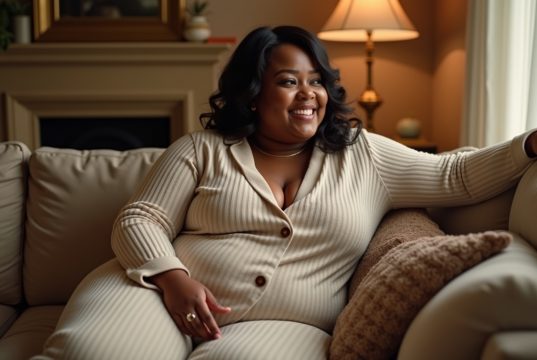 How to Feel Chic and Comfortable at Home—The Curvy Girl Way Plus size woman relaxing in stylish loungewear at home