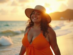 Curvy, Confident, and Sun-Kissed: The Best Beach Destinations to Love Your Body Plus size woman smiling on tropical beach at sunset