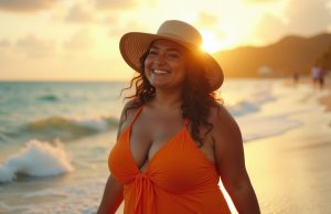 Curvy, Confident, and Sun-Kissed: The Best Beach Destinations to Love Your Body Plus size woman smiling on tropical beach at sunset