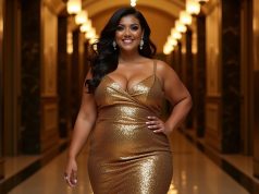 How to Rock Gold Plus Size Evening Dresses with Confidence & Style Curvy woman wearing a gold plus size evening dress walking confidently.