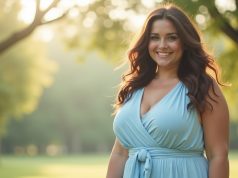 Soft Elegance: The Effortless Charm of a Pale Blue Plus Size Dress Plus size woman wearing pale blue dress in natural light