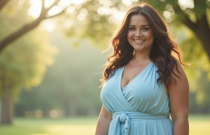 Soft Elegance: The Effortless Charm of a Pale Blue Plus Size Dress Plus size woman wearing pale blue dress in natural light
