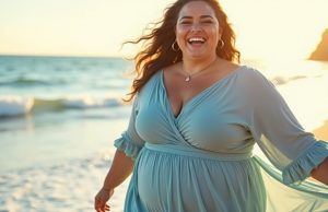 The Magic of a Light Blue Plus Size Dress: Soft, Stylish, and Unforgettable Plus size woman wearing light blue dress near the beach