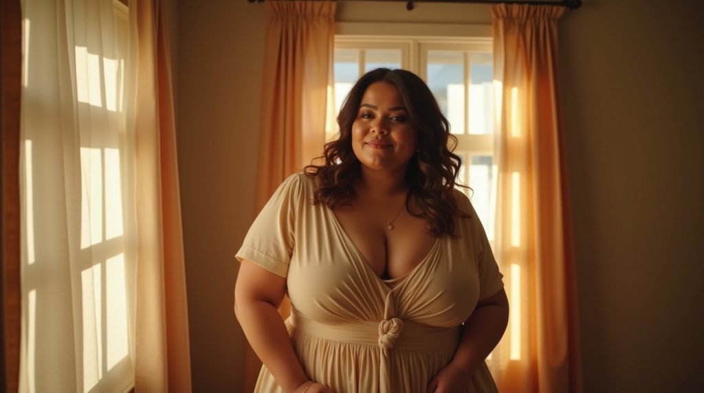 Body positive fashion portrait featuring a confident curvy figure