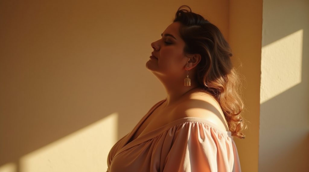 lus size woman looking confident in soft natural lighting